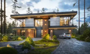 Nowoczesny dom z piwnicą, projekt z drewna i betonu, otoczony lasem. Elegancka bryła, duże okna, oświetlenie podkreślające architekturę.