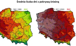 Dwie mapy Polski pokazujące średnią liczbę dni z pokrywą śnieżną w latach 1961-1990 i 2011-2020.