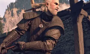 Geralt w zbroi z Wiedźmin 3, najlepszy rynsztunek, gotowy do walki.