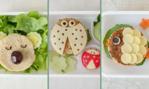 Kreative Pausenbrot Ideen für Kinder: Ein Bär, Marienkäfer und Fisch aus Sandwiches und Gemüse.