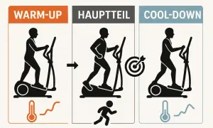 Grafik zeigt, wie man den Crosstrainer einstellen kann: Aufwärmen, Hauptteil mit Zielscheibe und Cool-Down.
