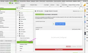 Panel boczny narzędzia SEO z opcją "Google Search Console" i ikoną przypominającą screaming frog seo spider.