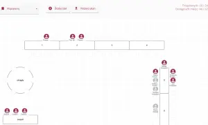 Tworzenie własnego planu stołów na wesele. Widoczne stoły prostokątne i okrągłe, z przypisanymi gośćmi.