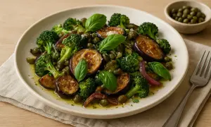 En härlig sallad med friterad kapris, aubergine, broccoli och basilika.