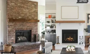 Avant/après d'une rénovation cheminée : d'une imposante structure en briques rouges à une cheminée blanche épurée, modernisée avec une étagère en bois.