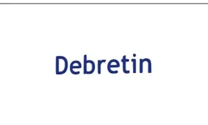 Niebieski napis "Debretin" na białym tle. Debretin forte to lek, który może pomóc w problemach żołądkowych.