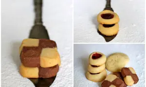 En härlig samling av sju sorters kakor, med rutiga choklad- och vaniljkakor, syltkakor och enklare vaniljkakor.