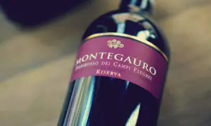 Elegancka butelka wina Montegauro Riserva, z bordową etykietą i złotymi zdobieniami.