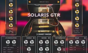 The Solaris GTR Lite, a monster guitar VST, features a sleek interface with ADSR, LFO, Chorus, Reverb, Distortion, and Delay controls.