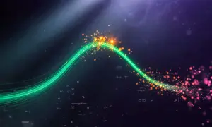 Onda verde brillante que atraviesa un campo energético cósmico, salpicado de partículas doradas y rosadas.