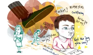 En ung person funderar på sin framtid, med frågor om jobb, rättigheter och nätverk. Känns som jag hatar mitt jobb.