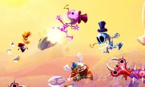 Kolorowa scena z gry Rayman, z postaciami w powietrzu i wrogami.