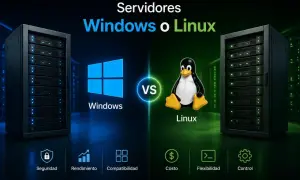 Comparativa de sistemas operativos para servidores: Windows vs. Linux, con iconos de seguridad, rendimiento, compatibilidad, costo, flexibilidad y control.