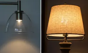 Szklany klosz lampy i abażur z tkaniny lnianej. Jaki materiał na abażur? Lniany daje ciepłe światło.