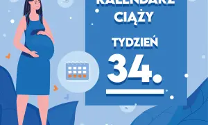Kobieta w niebieskiej sukience, w 34 tygodniu ciąży, z uśmiechem na twarzy. Obok kalendarz i napisy "KALENDARZ CIĄŻY TYDZIEŃ 34".