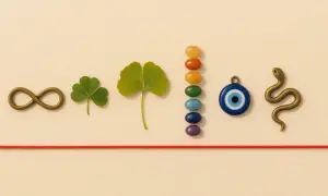 Símbolos de buena suerte y protección: infinito, trébol, ginkgo, piedras de chakras, ojo turco y serpiente, evocando el mundo espiritual.