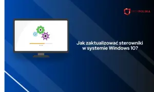 Monitor z ikonami kół zębatych i paskiem postępu, symbolizujący aktualizację sterowników.