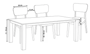 Ritning av ett matbord med tre stolar. Mått för bordets höjd (71-78 cm), avstånd mellan stolar (15 cm), stolens bredd (50 cm) och sitthöjd (25-30 cm) visas.