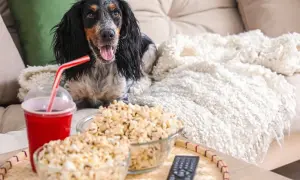 Pies z radością patrzy na miski popcornu i napój, zastanawiając się, czy pies może jeść popcorn.