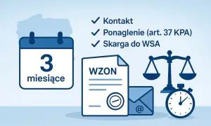 ZUS świadczenie wspierające: 3 miesiące na kontakt, ponaglenie lub skargę do WSA. Dokument WZON, waga sprawiedliwości i zegar.