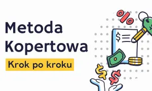 Metoda Kopertowa: krok po kroku, jak zacząć oszczędzać pieniądze. Grafika z symbolami dolara, procentów i pieniędzy.