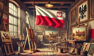 Pracownia artystyczna z polską flagą i obrazami historycznymi. Wśród płócien i sztalug, jakby w hołdzie wielkim twórcom, wiszą dzieła inspirowane polską historią, przywołując ducha znanych malarzy.