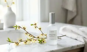 Botella de aceite de hamamelis junto a ramas con flores amarillas. Descubre las maravillosas hamamelis propiedades para tu piel.