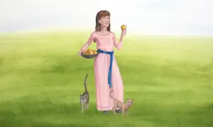 Idun, med sitt namn som symboliserar evig ungdom, håller ett äpple i handen. Hon bär en rosa klänning och har en korg med frukter. Två katter följer henne i en grönskande äng.