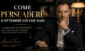 Uomo d'affari con mano sul mento, immagine che promuove l'arte del convincimento e le strategie per comunicare, vendere e influenzare con etica.