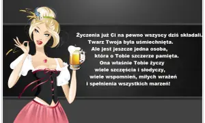 Kobieta w stroju bawarskim z kuflem piwa, życzy śmieszne imieniny dla faceta, dużo szczęścia i spełnienia marzeń.