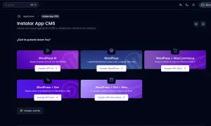 Panel para instalar CMS como WordPress, ideal para aprender como hacer una web. Opciones para IA, tiendas y diseño profesional.