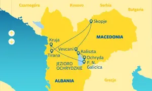 Mapa turystyczna przedstawiająca trasę podróży przez Albanię i Macedonię, z zaznaczonymi miastami jak Tirana, Ochryda i Skopje.