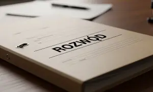 Segregator z napisem "ROZWÓD" na biurku, sugerujący przygotowanie pozwu rozwodowego online.