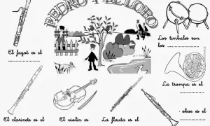 Ilustración de "Pedro y el lobo" con instrumentos musicales y personajes.