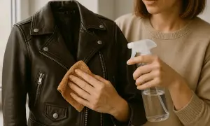 Kobieta dba o czyszczenie kurtki skórzanej, używając sprayu i ściereczki.