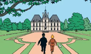 Tintin et le Capitaine Haddock courent vers un majestueux château de la Loire, Milou trottine à leurs côtés.