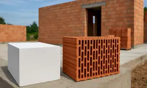Biały gazobeton i pustak ceramiczny na tle budowy domu. Wybór materiałów budowlanych.