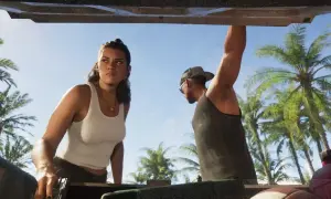 Kobieta i mężczyzna w tropikalnym otoczeniu, przygotowujący się do akcji w GTA 6 PC.