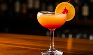 En vacker tequila sunrise med lager av orange och rött, garnerad med en apelsinskiva och körsbär.