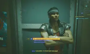 Cyberpunk czynnik ludzki: Kerry, z opaską na głowie i w skórzanej kurtce, rozmawia o zespole. Jego mina sugeruje konflikt.