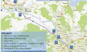 Mapa pokazuje trasę z Warszawy do Modlina, z zaznaczonymi punktami kluczowymi, np. remontami dróg. To praktyczny rozkład lotów Modlin dla podróżujących.