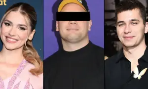 Ktoś został przyłapany na kłamstwie w ostatnim vlogu. Na zdjęciu influencerka w różowej sukni, mężczyzna z zakrytą twarzą i młody mężczyzna w czarnej koszuli z broszką.