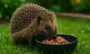 Jeż zajada mokrą karmę z miseczki. Dowiedz się, czym karmić jeża, aby był zdrowy i szczęśliwy.
