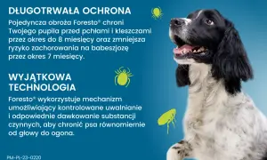Obroża Foresto® działa dzięki mechanizmowi kontrolowanego uwalniania substancji, chroniąc psa przed kleszczami i pchłami do 8 miesięcy.