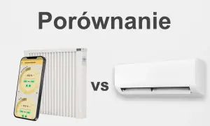 Porównanie tradycyjnego grzejnika z klimakonwektorem. Na ekranie telefonu widać aplikację do sterowania temperaturą.