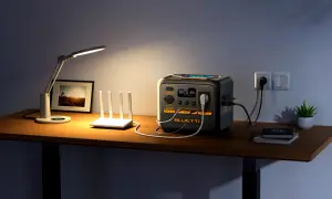 Stacja zasilania BLUETTI AC50P jako ups z długim czasem podtrzymania, zasila router i lampkę na biurku.