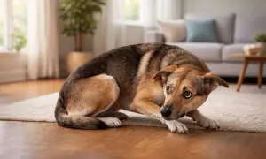 A scared dog with wide, worried eyes is crouched low on a rug in a living room, its body tense.