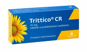 Opakowanie leku Trittico CR 75 mg z motywem słonecznika. Ulotka informacyjna dołączona do leku.