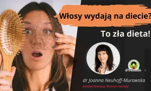 Zaskoczona kobieta trzyma szczotkę z garścią włosów. "Włosy wypadają na diecie? To zła dieta!" - sugeruje tekst.