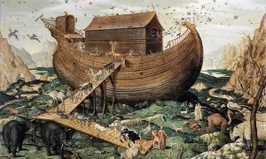 Noaks ark fylls med djur av alla slag. Elefanter, giraffer, kameler och många fler djur stiger ombord på det stora skeppet.